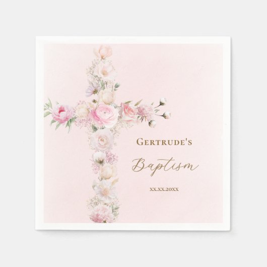 Tauf rosa Blumenkreuz  Serviette (Vorderseite)