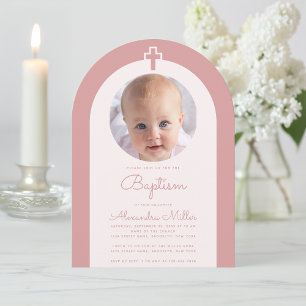 Tauf-Rosa-Bogen Mädchen Foto Dusty Rose Schrift Einladung