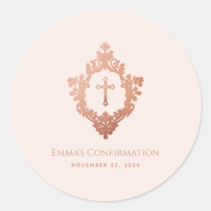 Tauf Rosa Roségold Vintage Kreuz im Wappen Runder Aufkleber