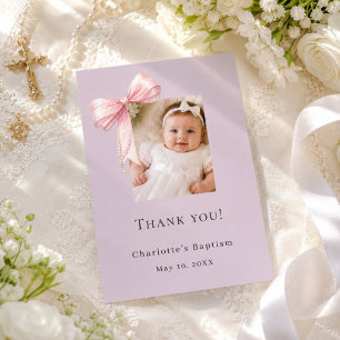 Tauf rosa Schleife staubiges Lavendel Foto Mädchen Dankeskarte