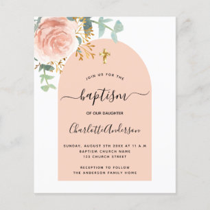 Tauf-Roségold-Blumenbogen Budget-Einladung Flyer