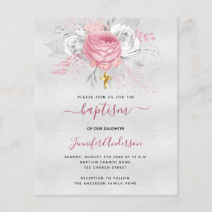 Tauf silber rosa Blumen Mädchen Budget-Einladung Flyer