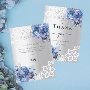Tauf silberblaue Blumen-Spitze Junge Dankeschön-Ka Einladung