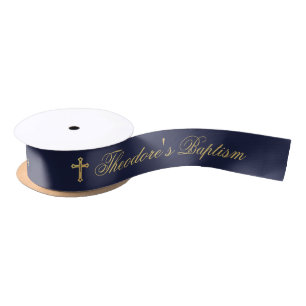 Taufband Junge Navy Blau Falsches Goldkreuz Kallig Satinband