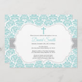 Taufbecken Aqua Aquamarin Türkis und Grau Damaske Einladung (Vorne/Hinten)