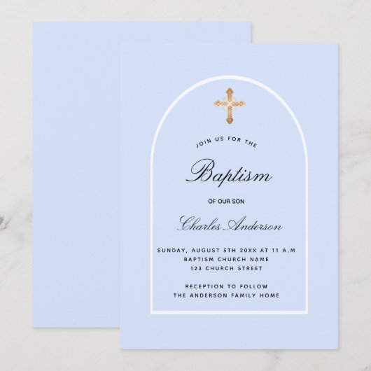 Taufbecken-Blauer Jungenbogen Einladung (Vorne/Hinten)