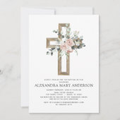 Taufbecken Grüne Dusty Pink Rose Cross Einladung (Vorderseite)