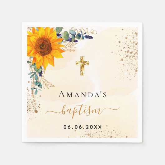 Taufbecken Sonnenblumen Eukalyptusgrün Glitzer Serviette (Vorderseite)