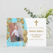 Taufe 1. Geburtstag Blue Gold Text Foto Einladung (Stehend Vorderseite)