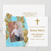 Taufe 1. Geburtstag Blue Gold Text Foto Einladung (Vorne/Hinten)