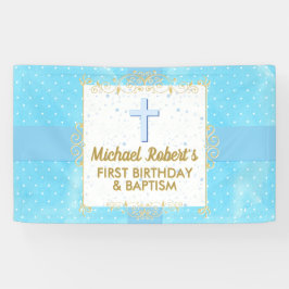 Taufe 1. Geburtstag Boy Blue Gold Text Polka Dot Banner