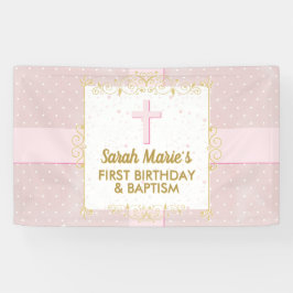 Taufe 1. Geburtstag Girl Pink Gold Text Polka Dot Banner