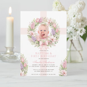 Taufe 1. Geburtstag Mädchen Foto Rosa Frühlingsflo Einladung