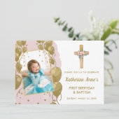 Taufe 1. Geburtstag Pink Gold Text Foto Einladung (Stehend Vorderseite)