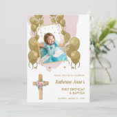 Taufe 1. Geburtstag Pink Gold Text Foto Einladung (Stehend Vorderseite)