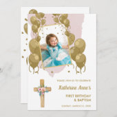 Taufe 1. Geburtstag Pink Gold Text Foto Einladung (Vorne/Hinten)