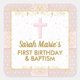 Taufe 1. Geburtstag Pink Gold Text Polka Dot Quadratischer Aufkleber
