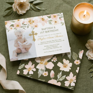 Taufe & 1. Geburtstag Wasserfarbe Florals Foto Einladung