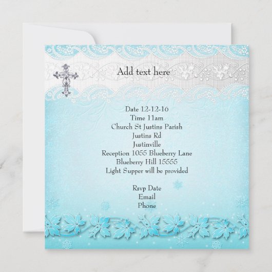 Taufe Aquamarin Blue White Lace Foto Jewel Cross B Einladung (Rückseite)