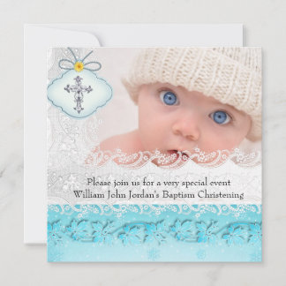 Taufe Aquamarin Blue White Lace Foto Jewel Cross B Einladung