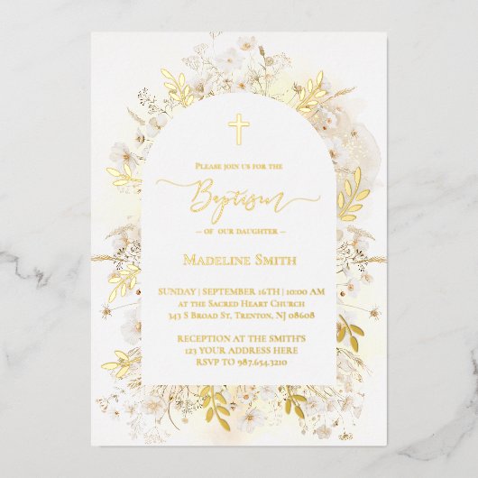 Taufe Aquarellblumen, gelb Folieneinladung (Vorderseite)