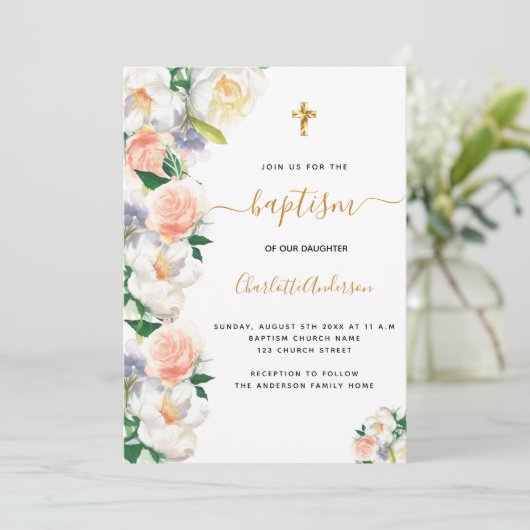 Taufe Aquarellblumen pink weiß elegant Einladung (Stehend Vorderseite)