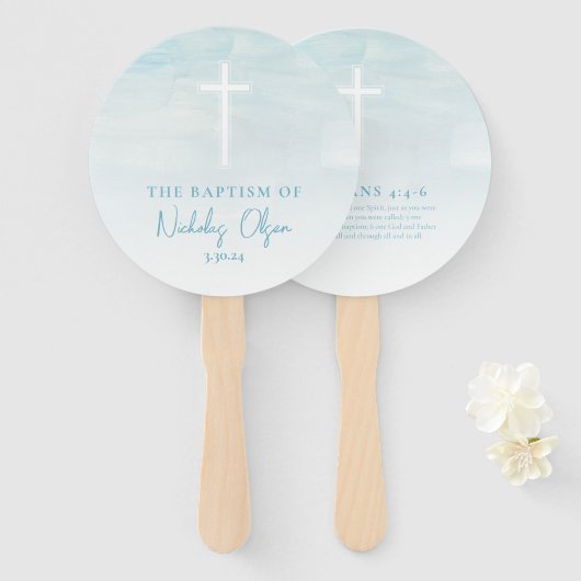 Taufe Aquarellfarben Pastellblauer Handfans Fächer (Vorne und Hinten)