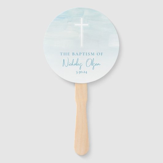 Taufe Aquarellfarben Pastellblauer Handfans Fächer (Vorderseite)