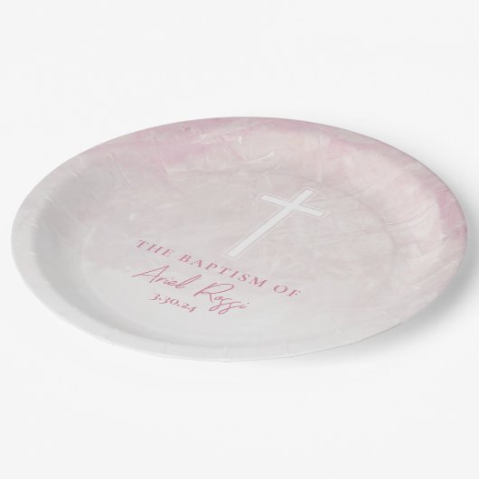 Taufe Aquarellpastellfarben Pink Paper Teller (Schrägansicht)