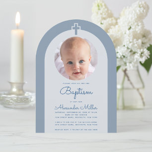 Taufe Arch Boy Foto Dusty Blue Christening Einladung