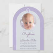 Taufe Arch Foto Lavender Lila Kreuz & Drehbuch Einladung (Vorderseite)