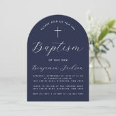 Taufe Arch Navy Blue Boy Christening Script Einladung (Stehend Vorderseite)