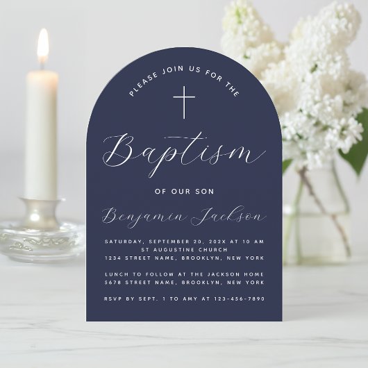 Taufe Arch Navy Blue Boy Christening Script Einladung