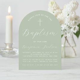 Taufe Arch Sage Green Moderne Handschrift & Kreuz Einladung