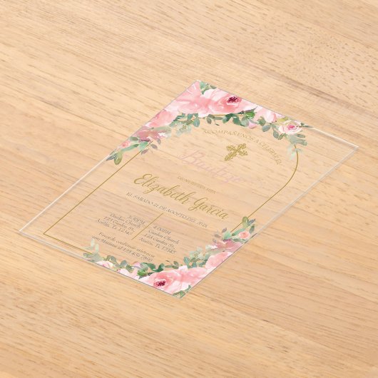 Taufe aus rosa Plexiglas Spanische Einladung (Ablage )