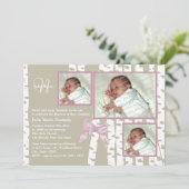 Taufe Baby Birch Foto Pink Einladung (Stehend Vorderseite)