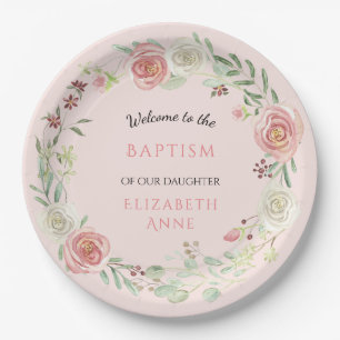 Taufe Baby Girl Wasserfarbe Floral Rosa und Weiß Pappteller