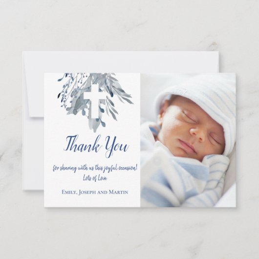 Taufe Baby Junge danke Ihnen blauen Aquarell Einladung (Vorderseite)