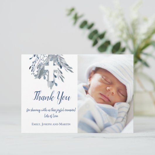 Taufe Baby Junge danke Ihnen blauen Aquarell Einladung (Stehend Vorderseite)