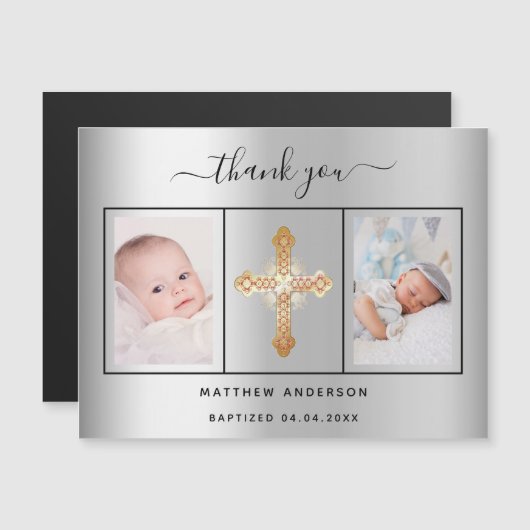 Taufe Baby silber Foto danke Magnet (Vorne/Hinten)