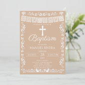 Taufe Beige Papel Picado Einladung (Stehend Vorderseite)