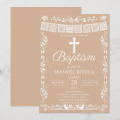 Taufe Beige Papel Picado Einladung (Vorne/Hinten)