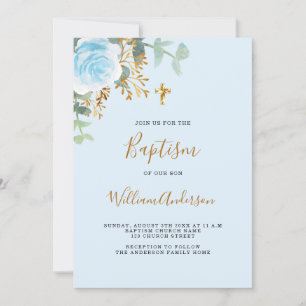 Taufe blau floral Junge goldenes Kreuz Einladung