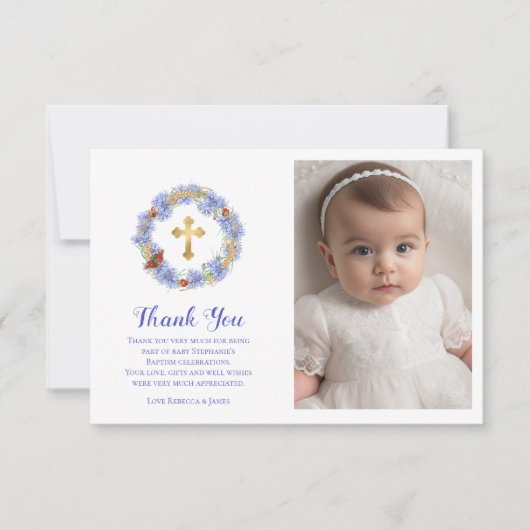 Taufe Blaue Blume & Weizenblume Foto Dankeskarte (Vorderseite)