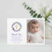 Taufe Blaue Blume & Weizenblume Foto Dankeskarte (Stehend Vorderseite)