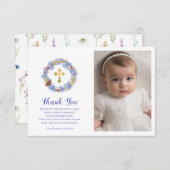 Taufe Blaue Blume & Weizenblume Foto Dankeskarte (Vorne/Hinten)