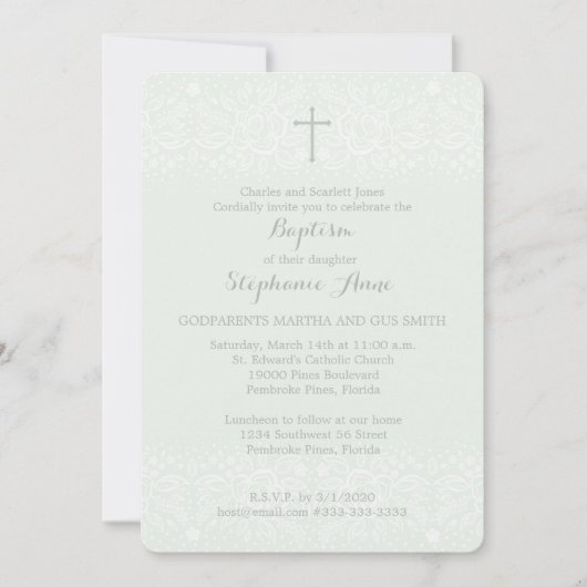 Taufe-blaue empfindliche Blumenopalspitze Einladung (Vorderseite)