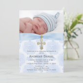 Taufe Blaue Rose mit Foto Einladung (Stehend Vorderseite)