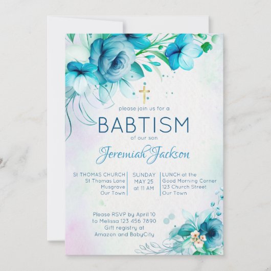 Taufe blauer aquamariner grüner Blume Taufen Einladung (Vorderseite)