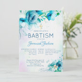Taufe blauer aquamariner grüner Blume Taufen Einladung (Stehend Vorderseite)